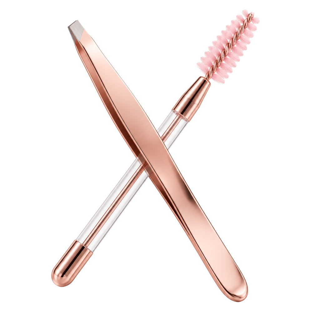 Pinza y cepillo de cejas en oro rosa